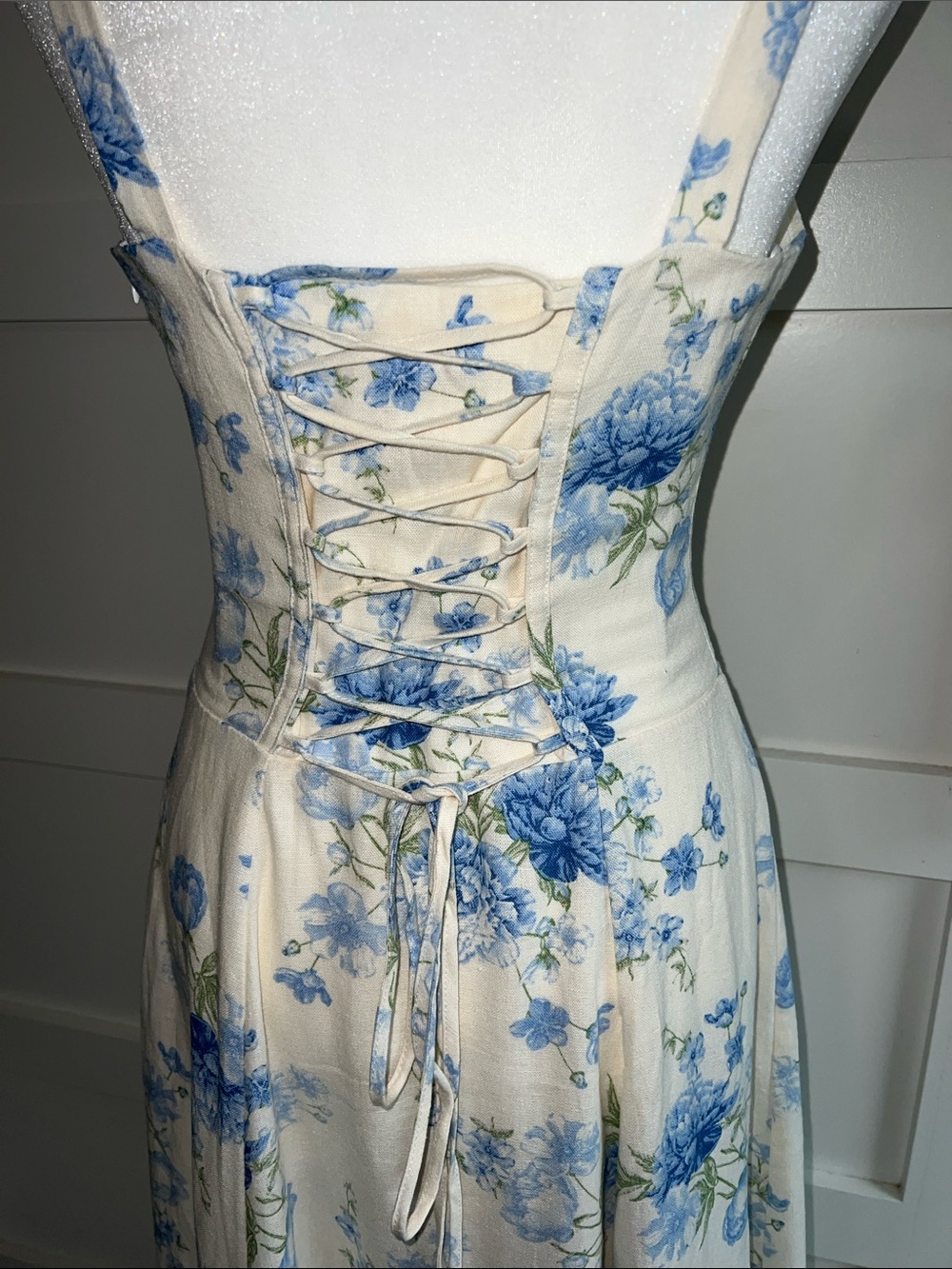 Blue Floral Cream Maxi Dress - Sleeveless Summer Dress - Picture 5 of 8